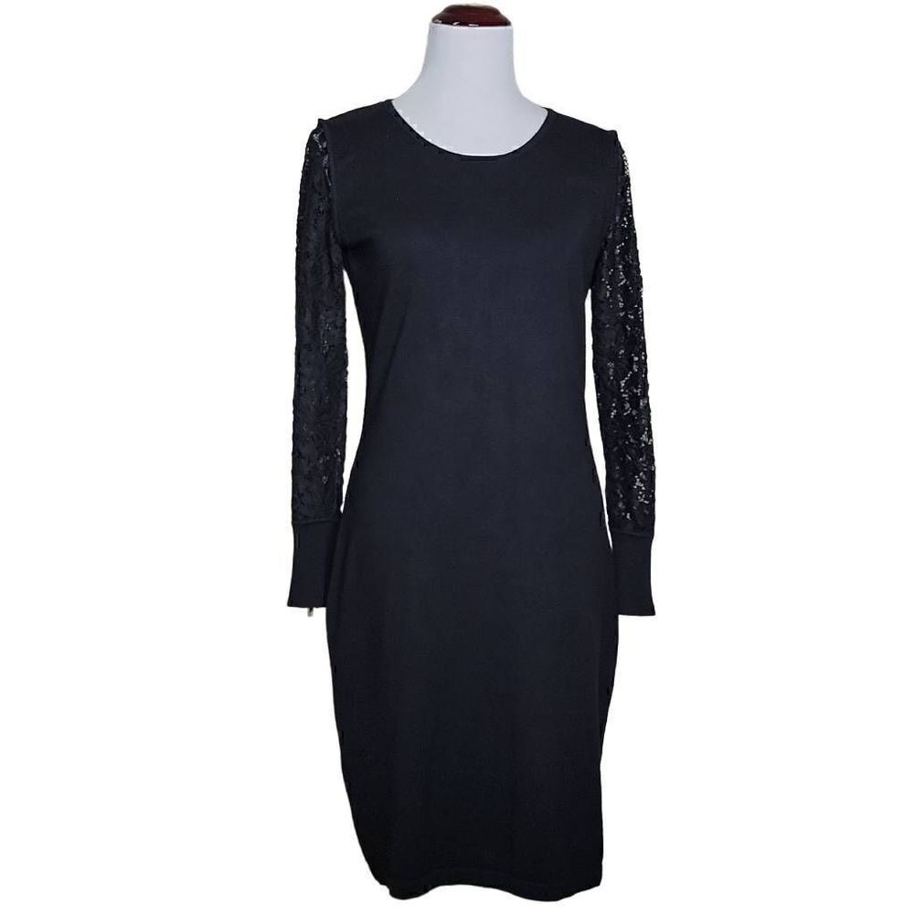 Calvin Klein Long Sleeve Lace Zipper Midi Dress Black Medium